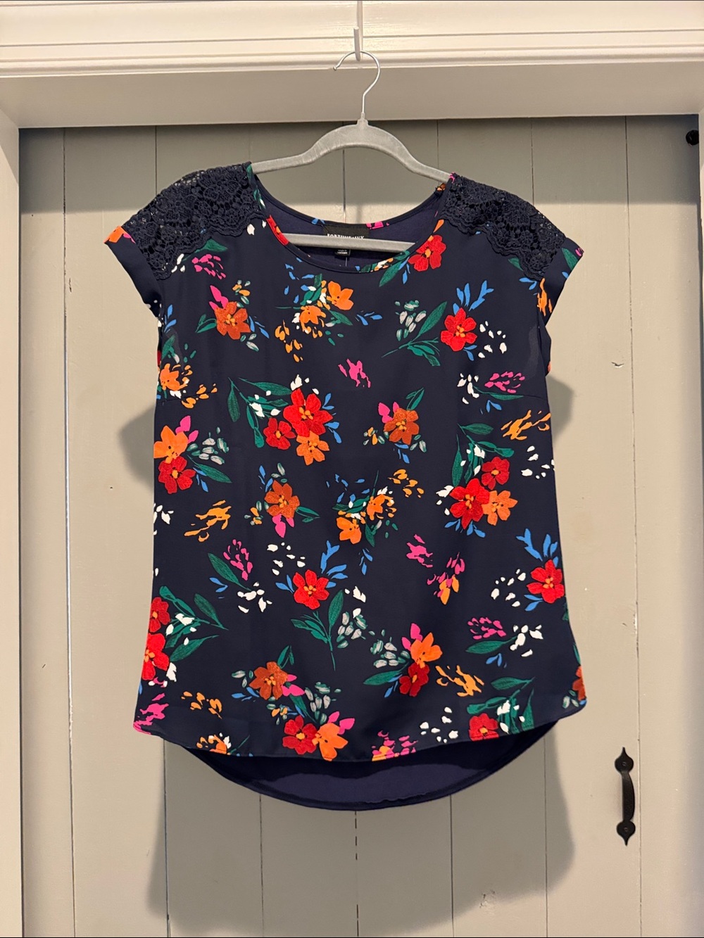 Navy Floral Lace-Shoulder Blouse - Women's Top